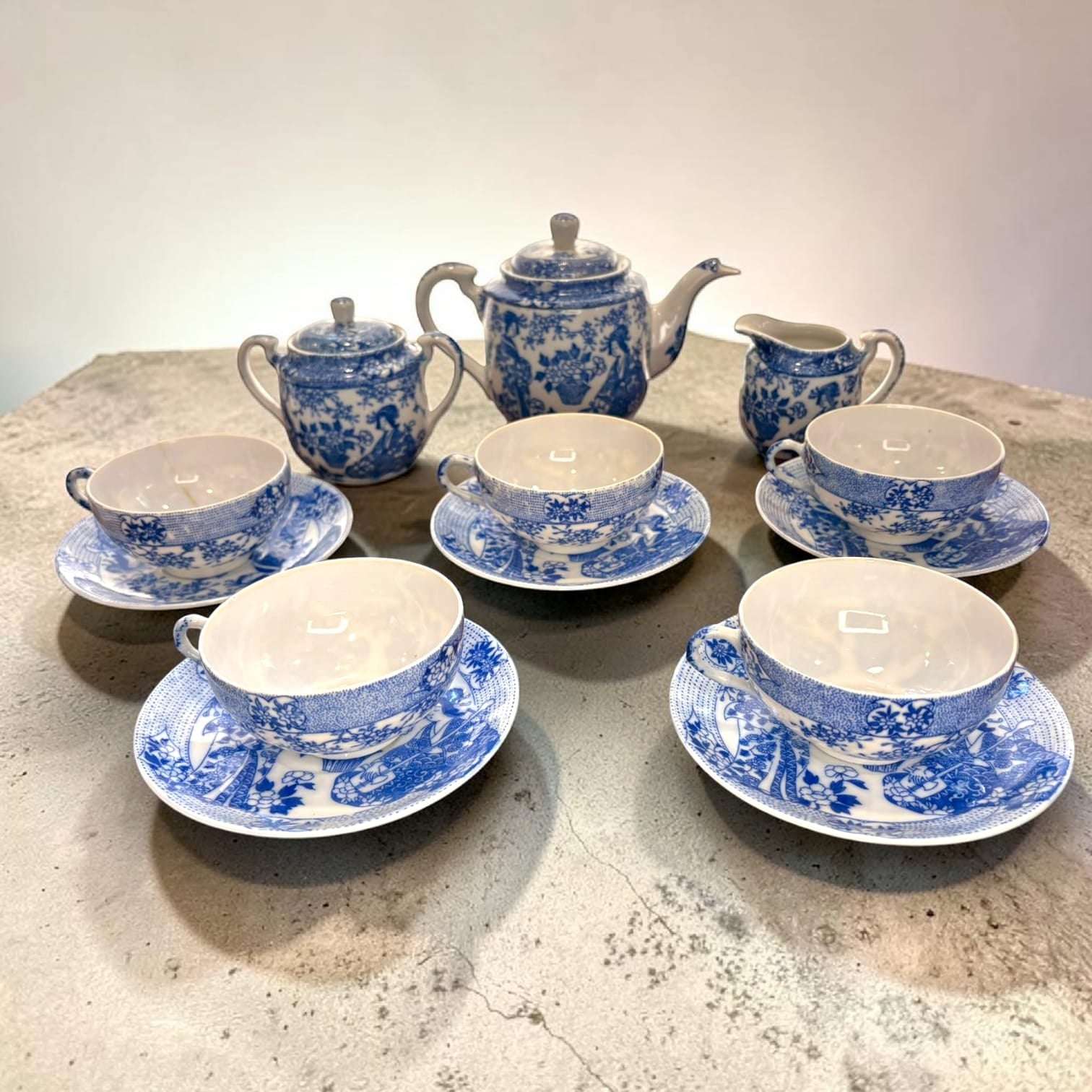 Asiatisches Kaffee-Set aus blauem chinesischem Porzellan