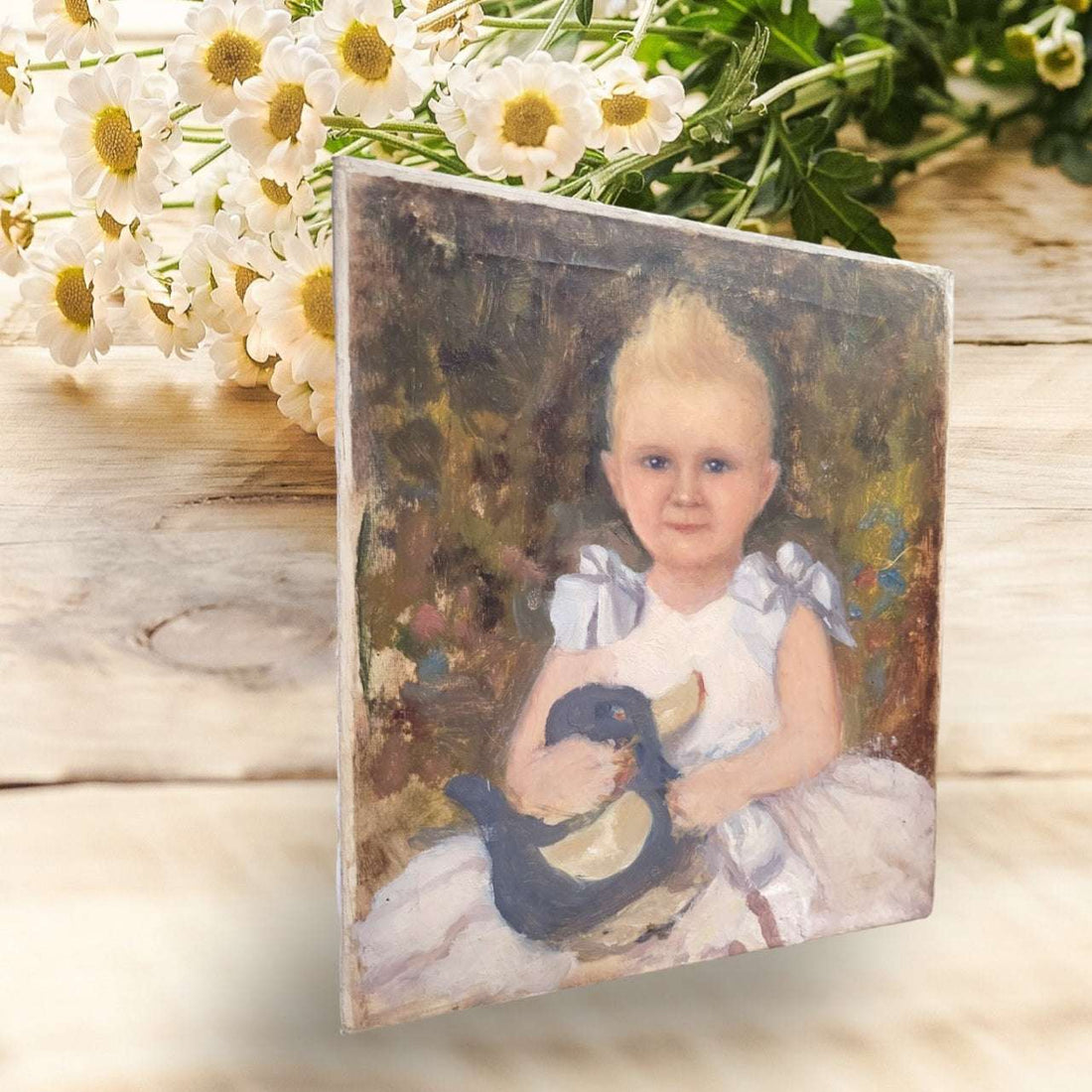 Oleo Niño - Óleo Niño | Pintura al óleo sobre lienzo con retrato de niño rubio y pato, ideal para decoración vintage en hogar o jardín.