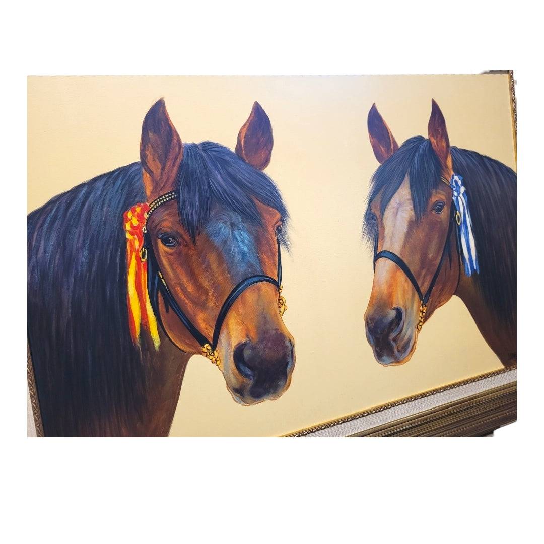 Óleo - Caballos Españoles Majestuosos con cintas rojas y azules, arte ecuestre exclusivo por J. Lara en marco clásico de madera.