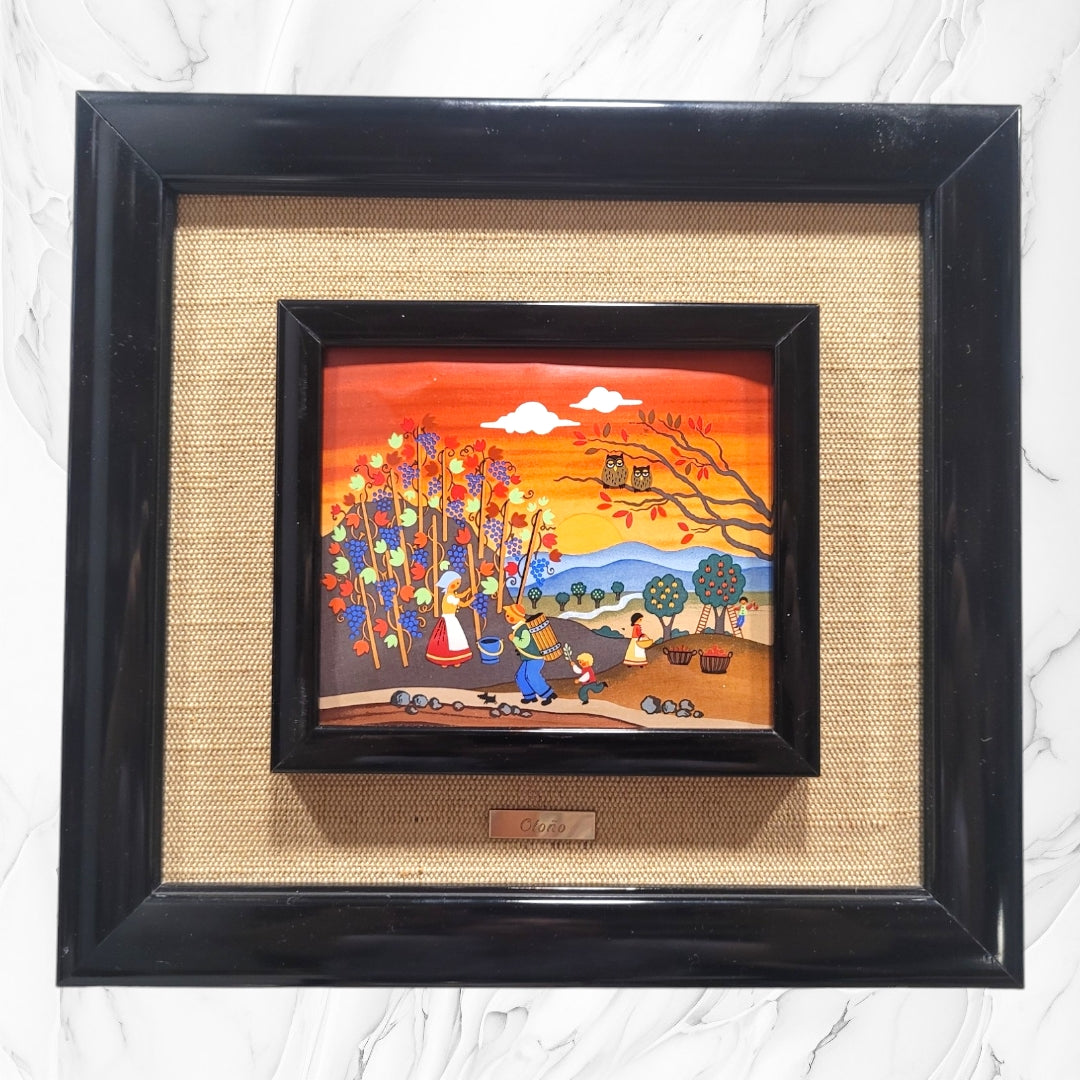 Cuadro decorativo de esmalte representando una escena invernal con un castillo, nieve y figuras en un paisaje nocturno. Esmaltes de las estaciones | Colección completa.