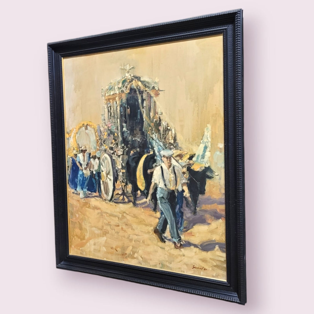 Óleo de Sandoval 1998 representando la Romería del Rocío con una carreta adornada y peregrinos. Pintura enmarcada ideal para decoración artística.