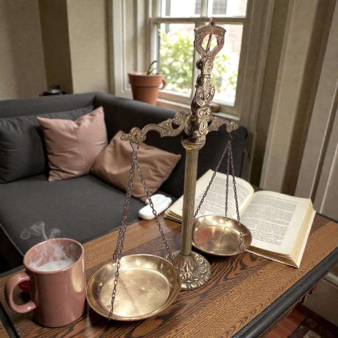 Balanza clásica de metal estilo imperial sobre mesa de madera en ambiente acogedor.