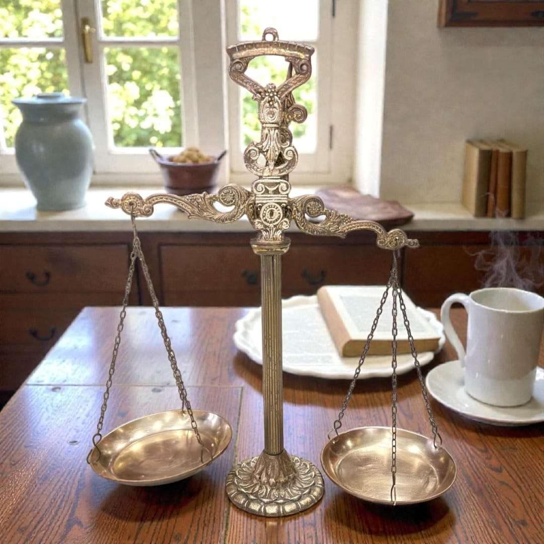 Balanza clásica de metal estilo imperial sobre mesa de madera en ambiente acogedor.