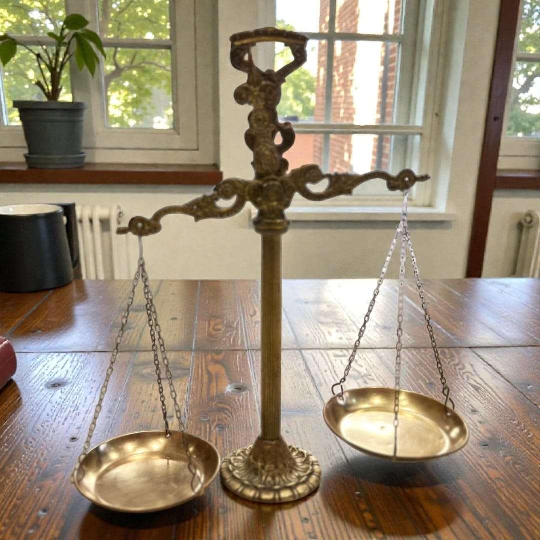 Pieza decorativa estilo imperial con cadenas y bandejas metálicas en equilibrio.