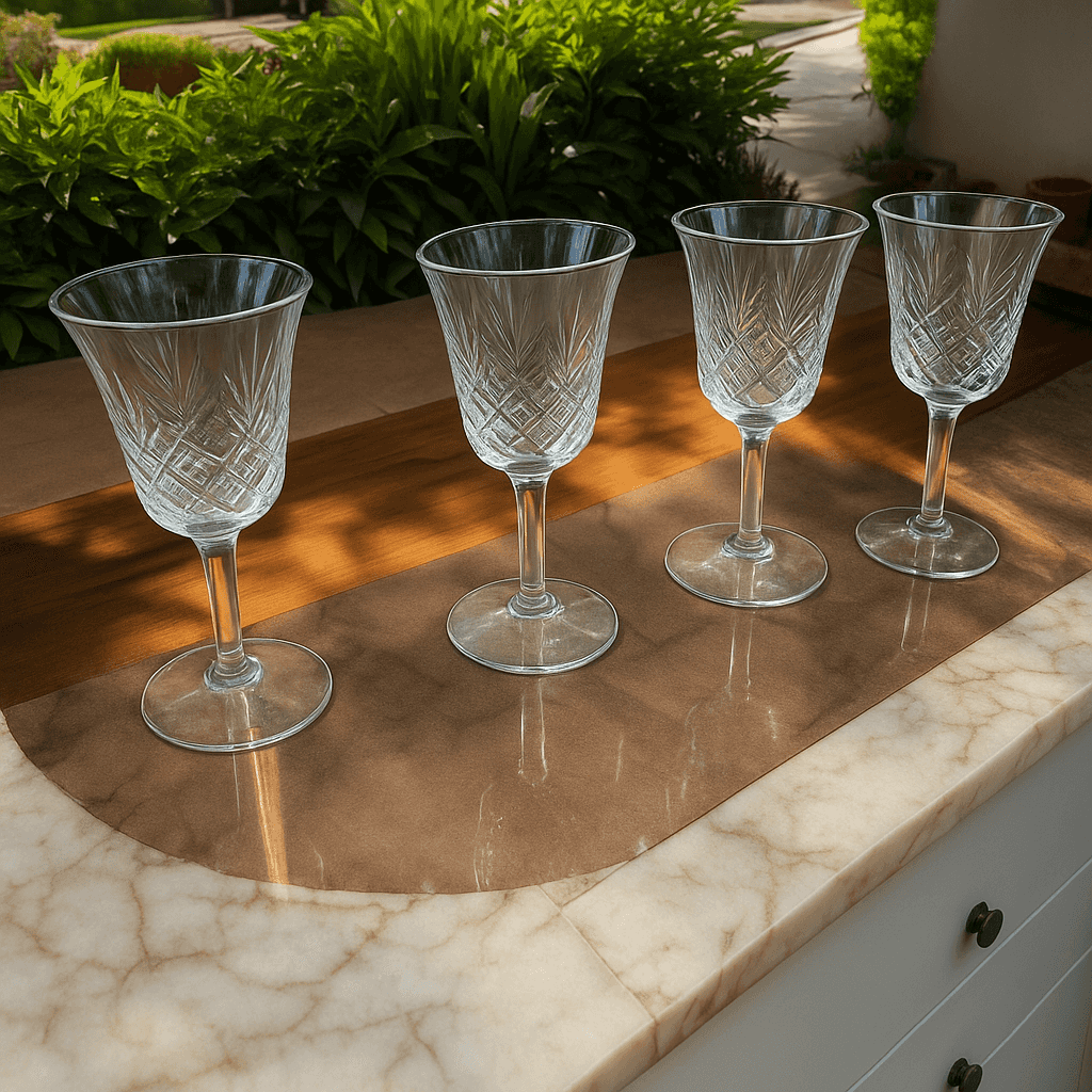 Juego de 4 copas de cristal de Bohemia tallado vintage sobre encimera de mármol, ideal para decoración elegante en el hogar o eventos especiales.