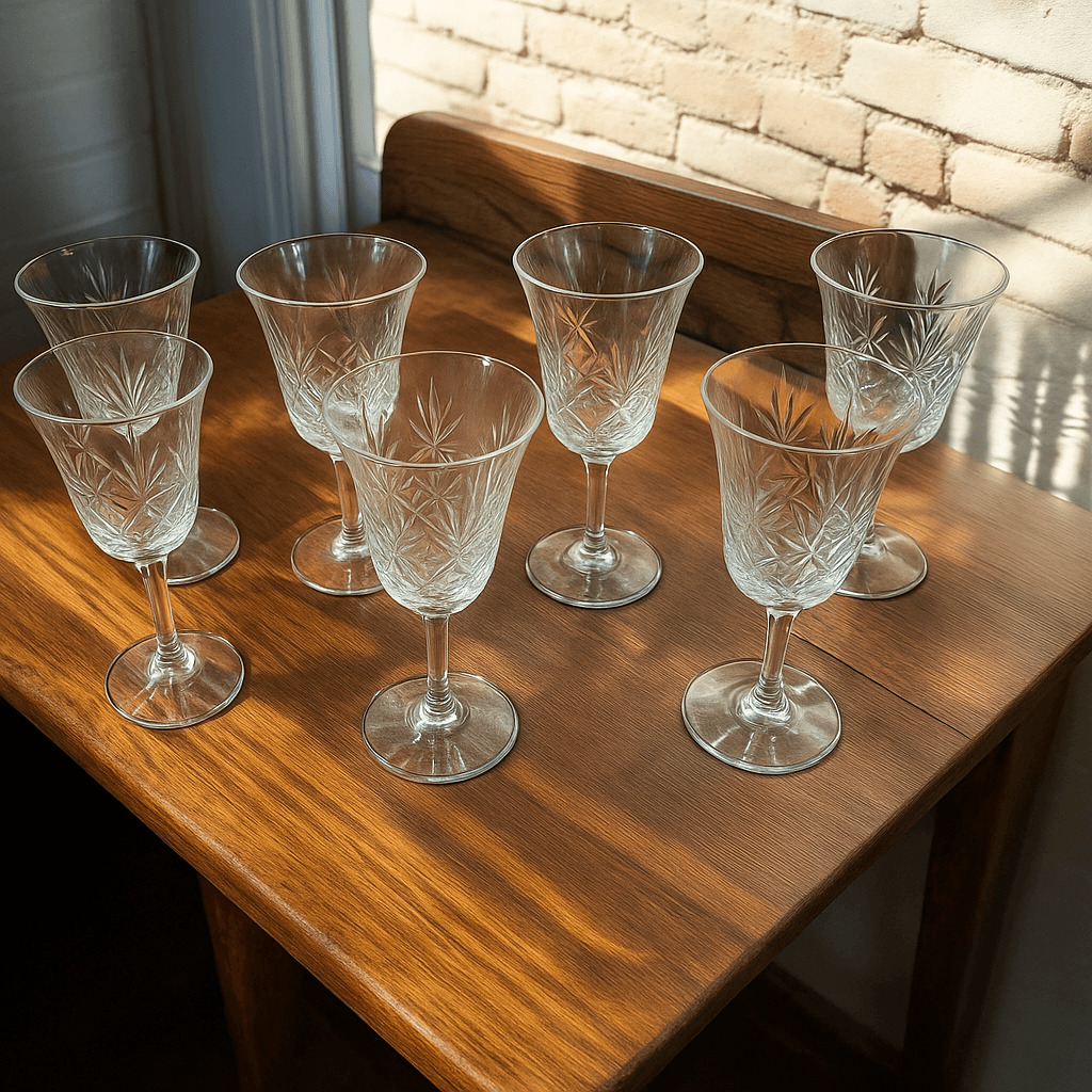 Set de 7 copas de cristal de Bohemia talladas a mano sobre mesa de madera. Decoración elegante para el hogar con estilo clásico.