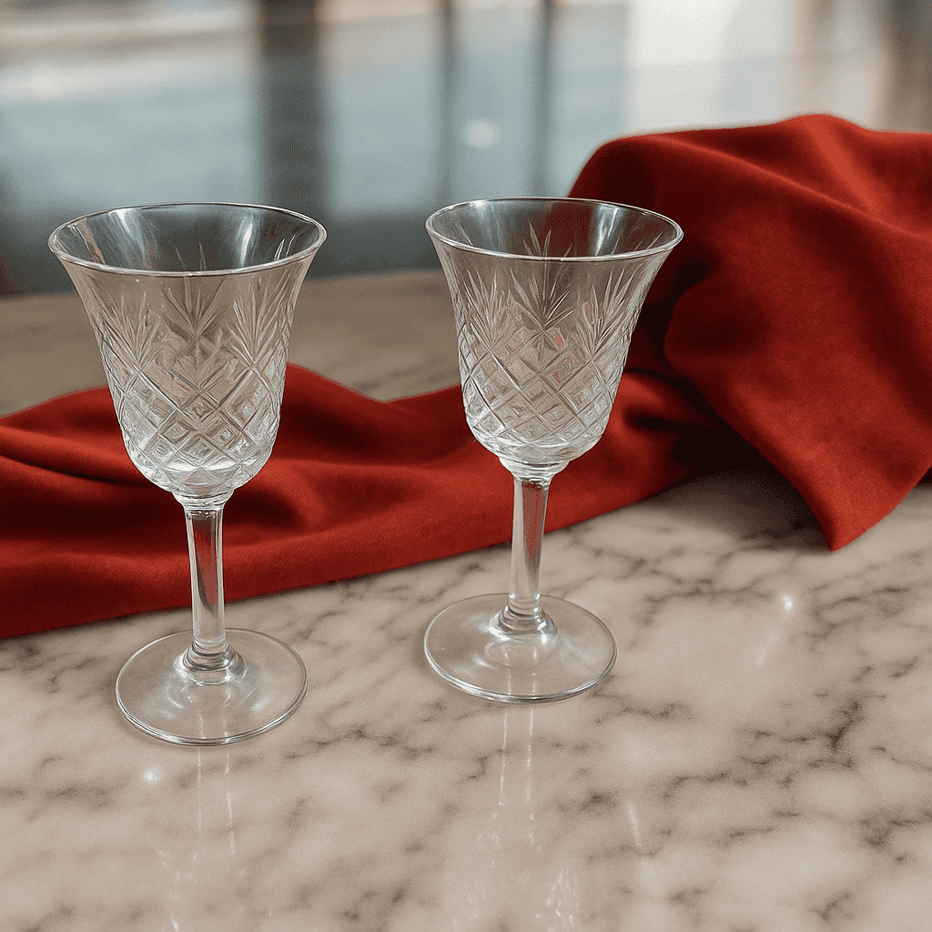 Copas de cristal de Bohemia vintage, juego de 2 elegantes con tallado clásico sobre mármol y tela roja, ideales para decoración de mesa.