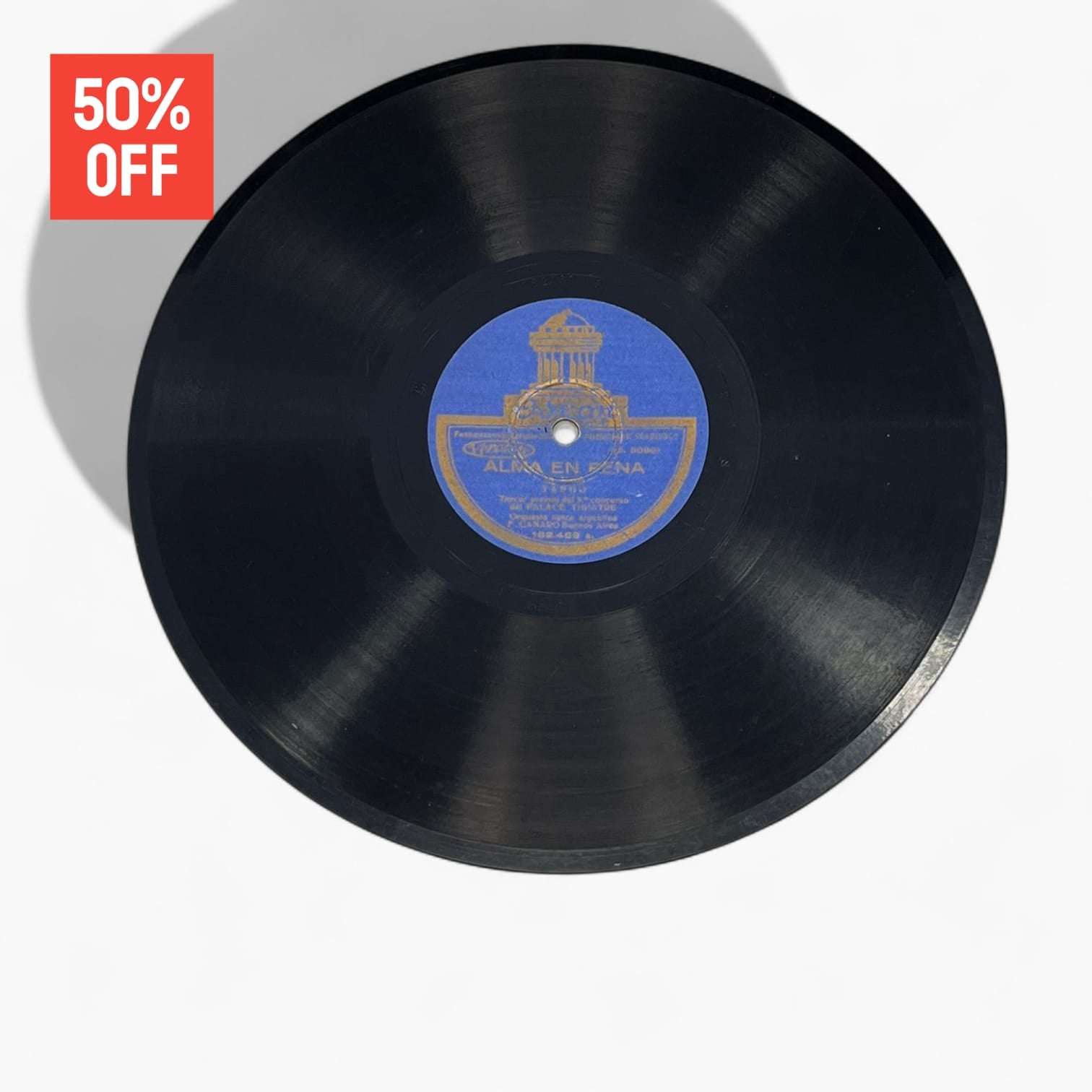 Disco de pizarra con diseño clásico de sello Odeon azul, incluido en lote de 10 discos antiguos para decoración retro de hogar.