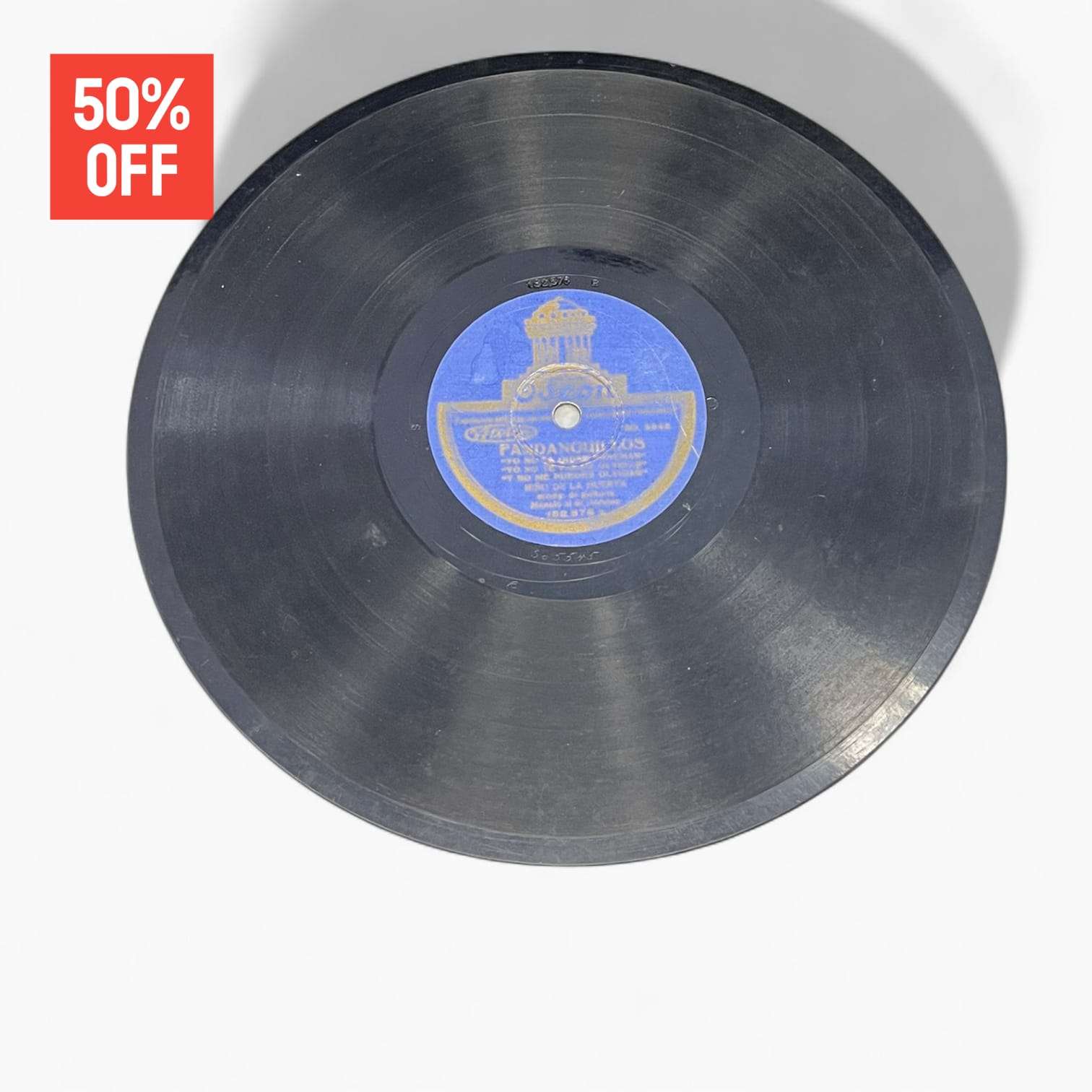 Disco de pizarra antiguo con etiqueta azul de Fandangos Jazz, pieza coleccionable del lote de 10 discos únicos en promoción.