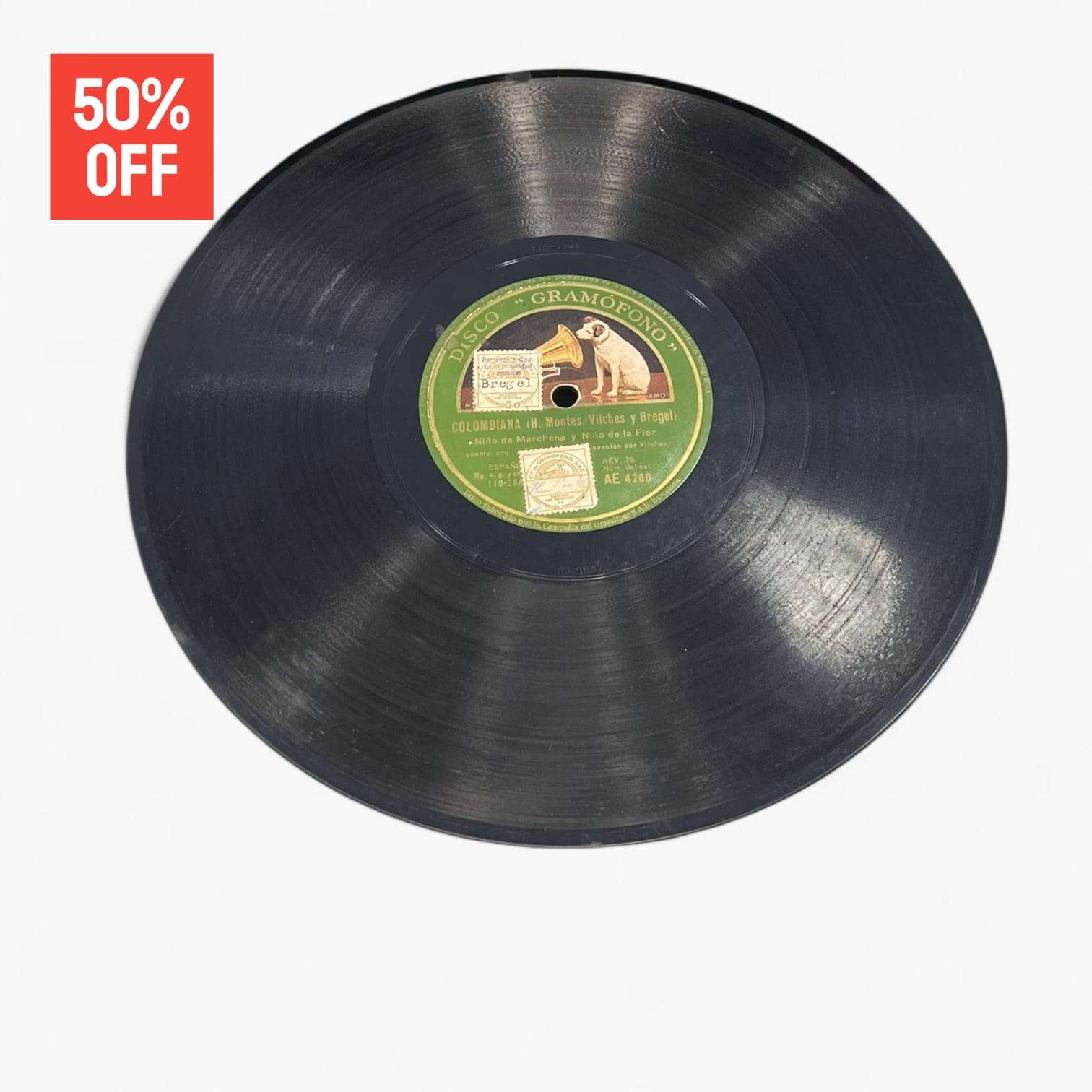 Disco de pizarra con grabación de Colombia por H. Montes, pieza decorativa del lote de 10 discos únicos en oferta.