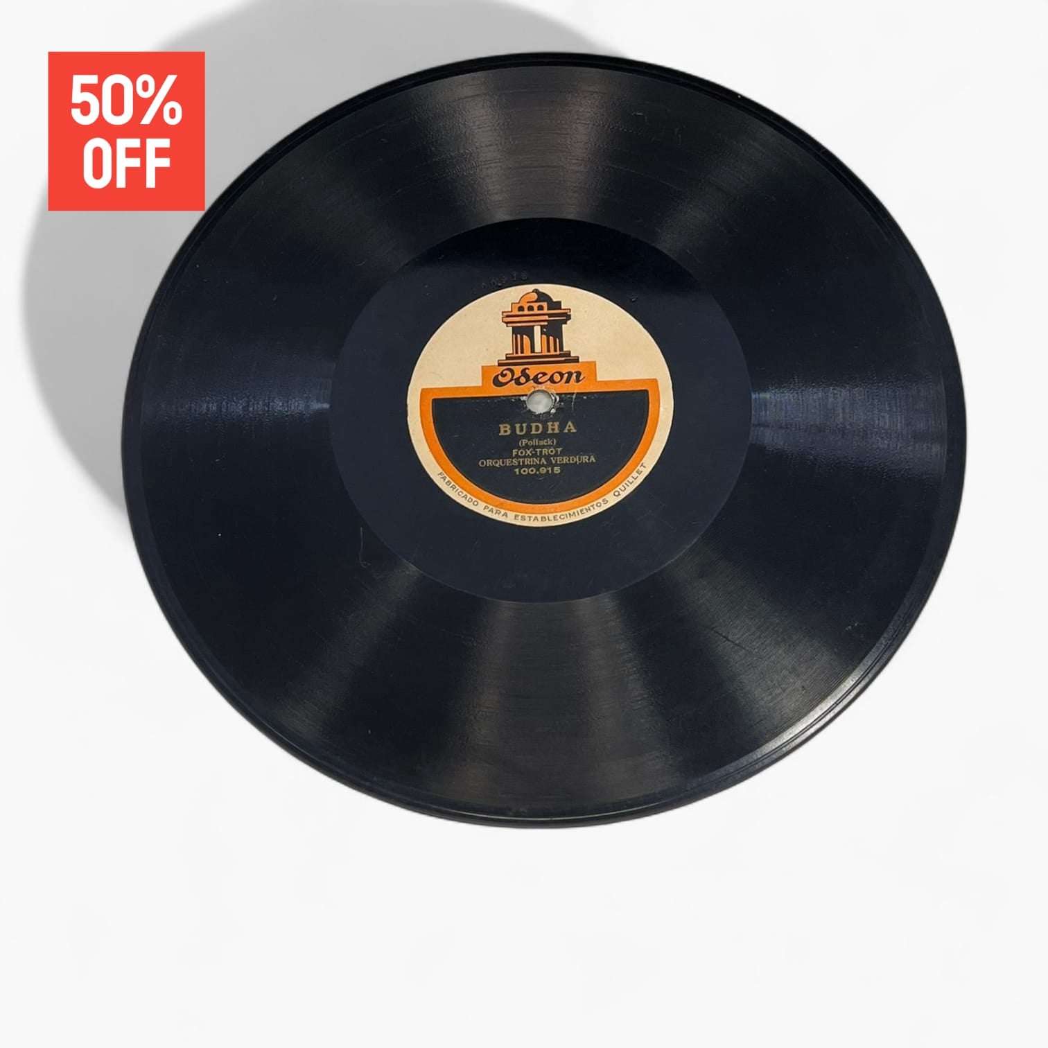 Disco de pizarra antiguo con diseño clásico de Odeon, grabación Budha, ideal para decoración retro o coleccionismo musical.
