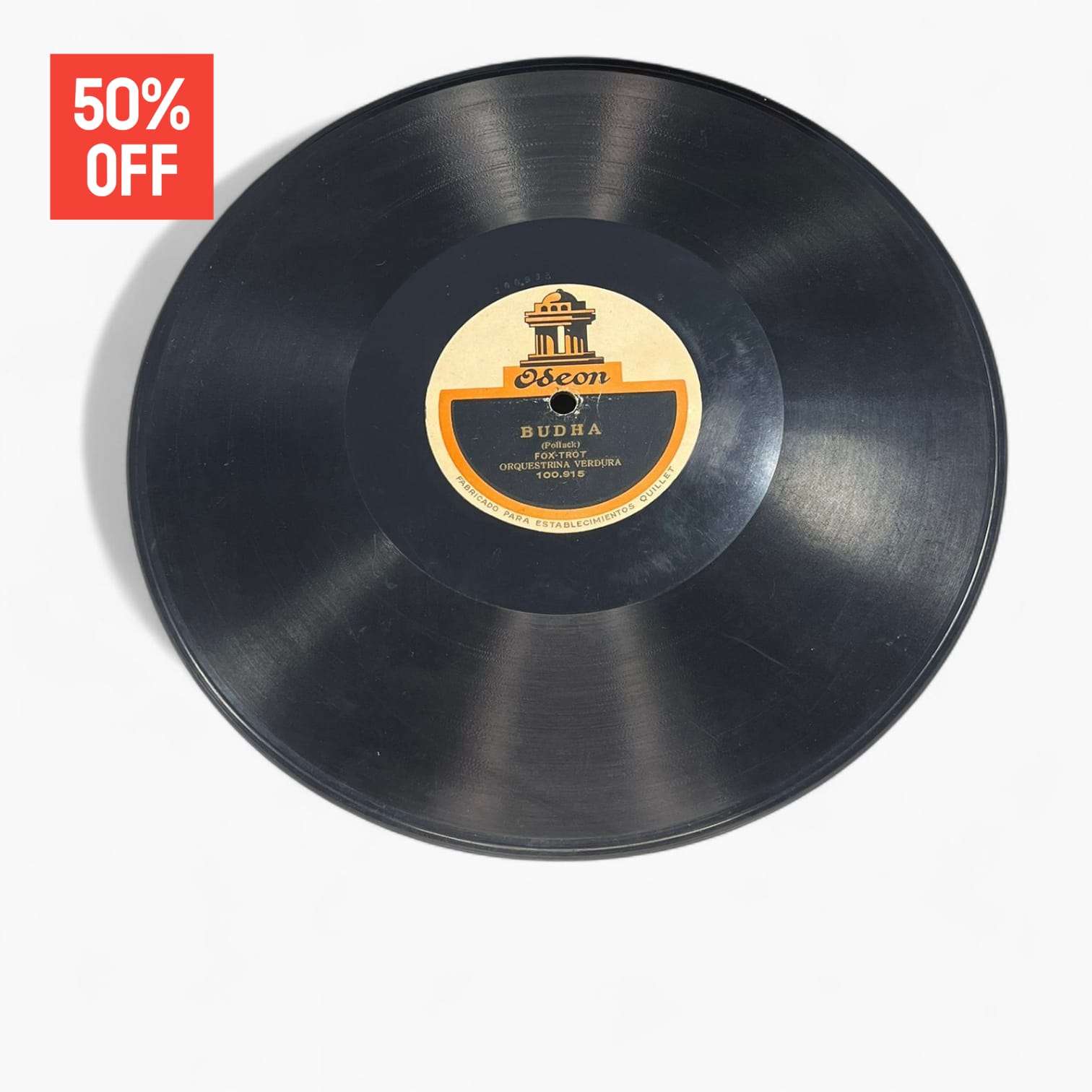 Disco de pizarra con etiqueta negra y crema de Odeon, grabación de Budha, incluido en lote decorativo de 10 discos antiguos.