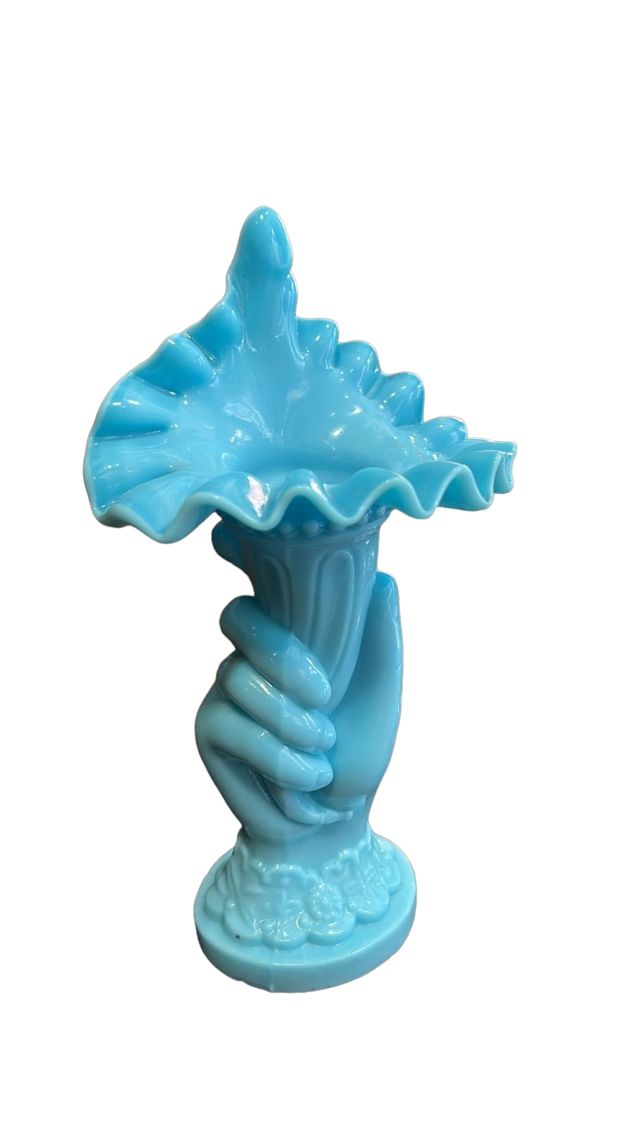 Florero Mano Opalina azul con diseño vintage, elaborado en Portugal. Elegante pieza decorativa de los años 60 para realzar cualquier espacio.