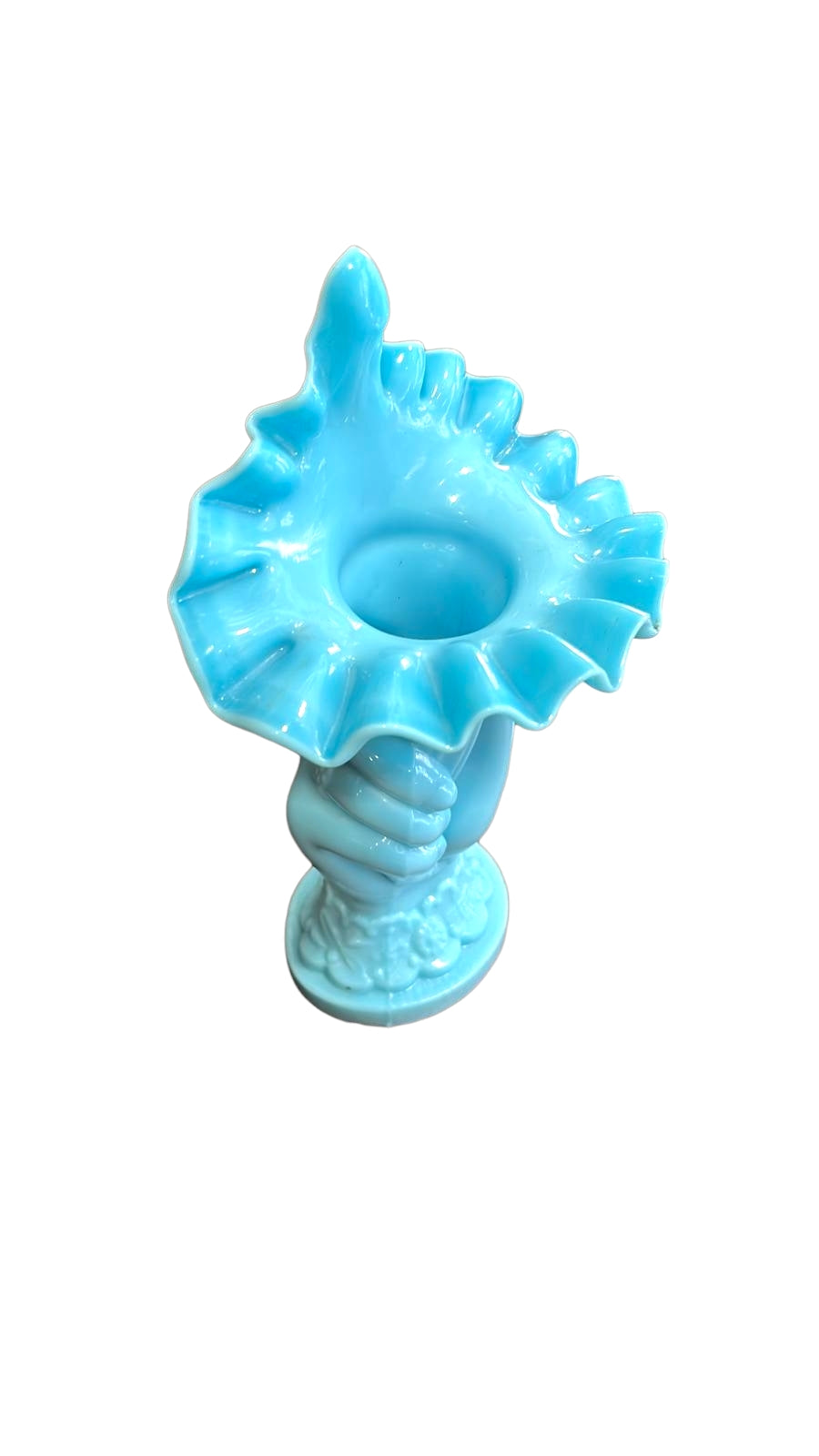 Florero Mano Opalina azul con diseño vintage, elaborado en Portugal. Elegante pieza decorativa de los años 60 para realzar cualquier espacio.