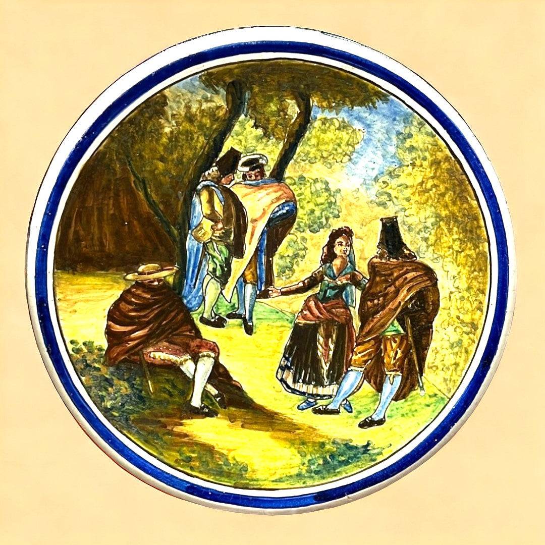 Platón Triana Mensaque auténtico con escena costumbrista pintada a mano, artesanía decorativa de Sevilla ideal para el hogar con historia.