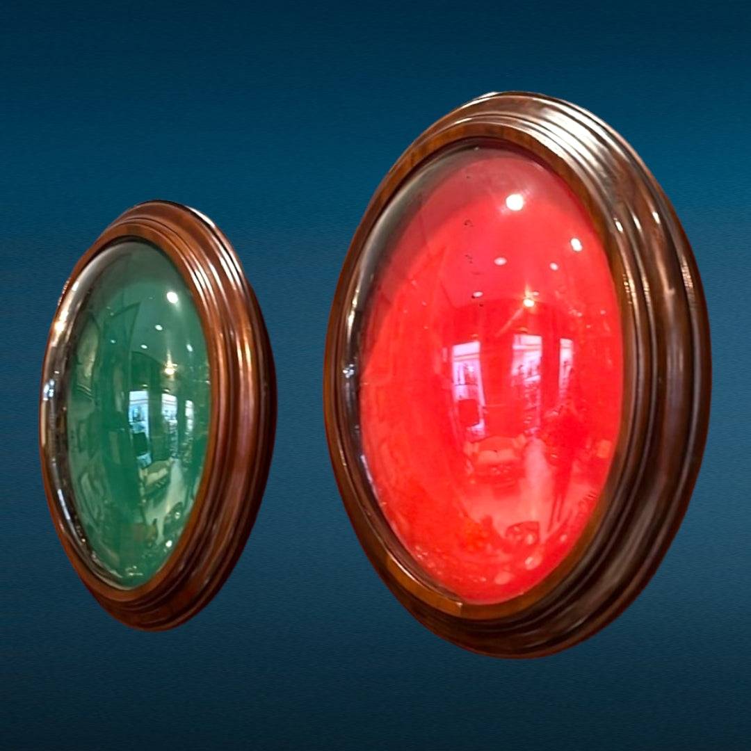 Marcos Ojos de Buey de madera caoba con cristal ovalado rojo y verde, decoración náutica elegante para pared. Estilo clásico en 46x56 cm.