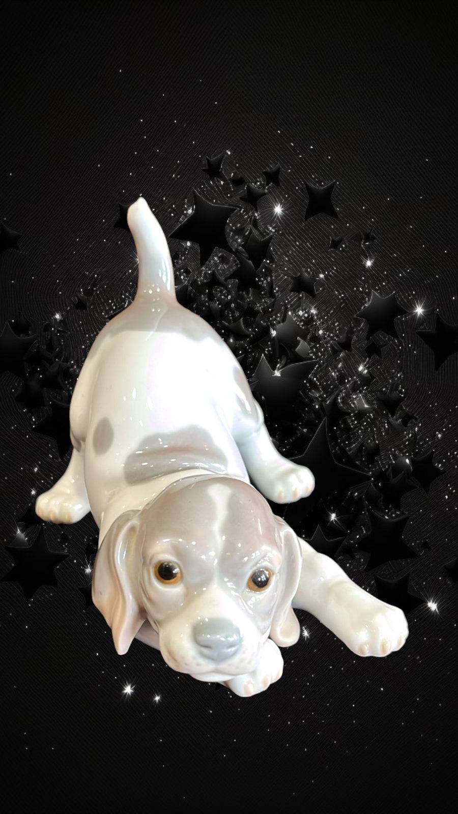 Figura de porcelana Lladró 'Perro Retozón' en posición juguetona sobre fondo negro con estrellas. Ideal para decoración y coleccionismo.