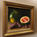 Decoración artística con óleo de bodegón de sandías y uvas por Ceballos, en marco dorado ornamentado. Perfecto para hogar o galería.