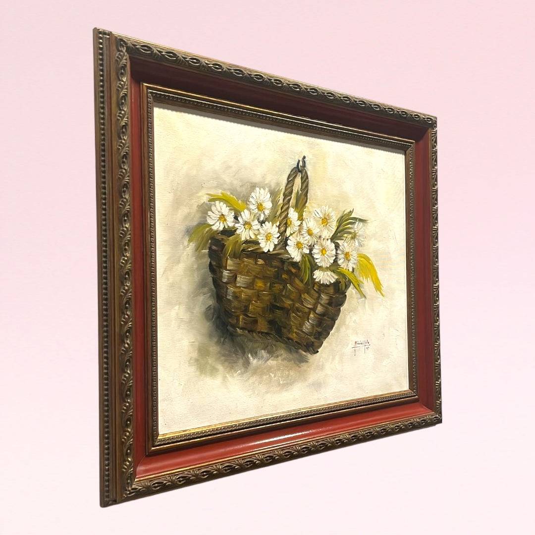 Óleo Canasto Margaritas - Decoración Alegre con marco clásico. Pintura de margaritas blancas en canasto rústico ideal para hogar vintage.