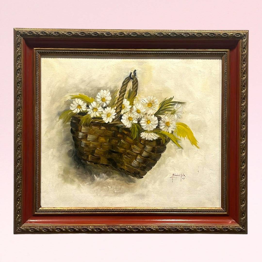 Óleo Canasto Margaritas - Decoración Alegre con marco clásico. Pintura de margaritas blancas en canasto rústico ideal para hogar vintage.