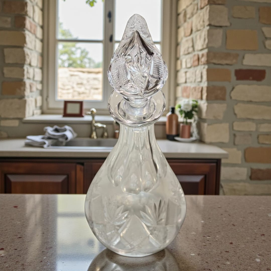 Esta licorera, además de cumplir su función original —servir y conservar licores manteniendo su aroma y calidad—, se convierte en un elemento decorativo de alto valor visual. 