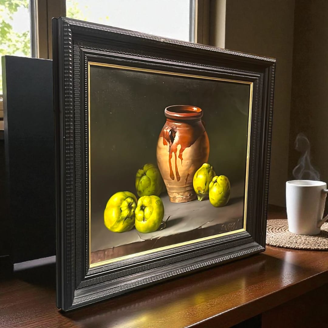 Óleo cuenco de cebollas firmado por José Manuel Reyes, pintura realista.