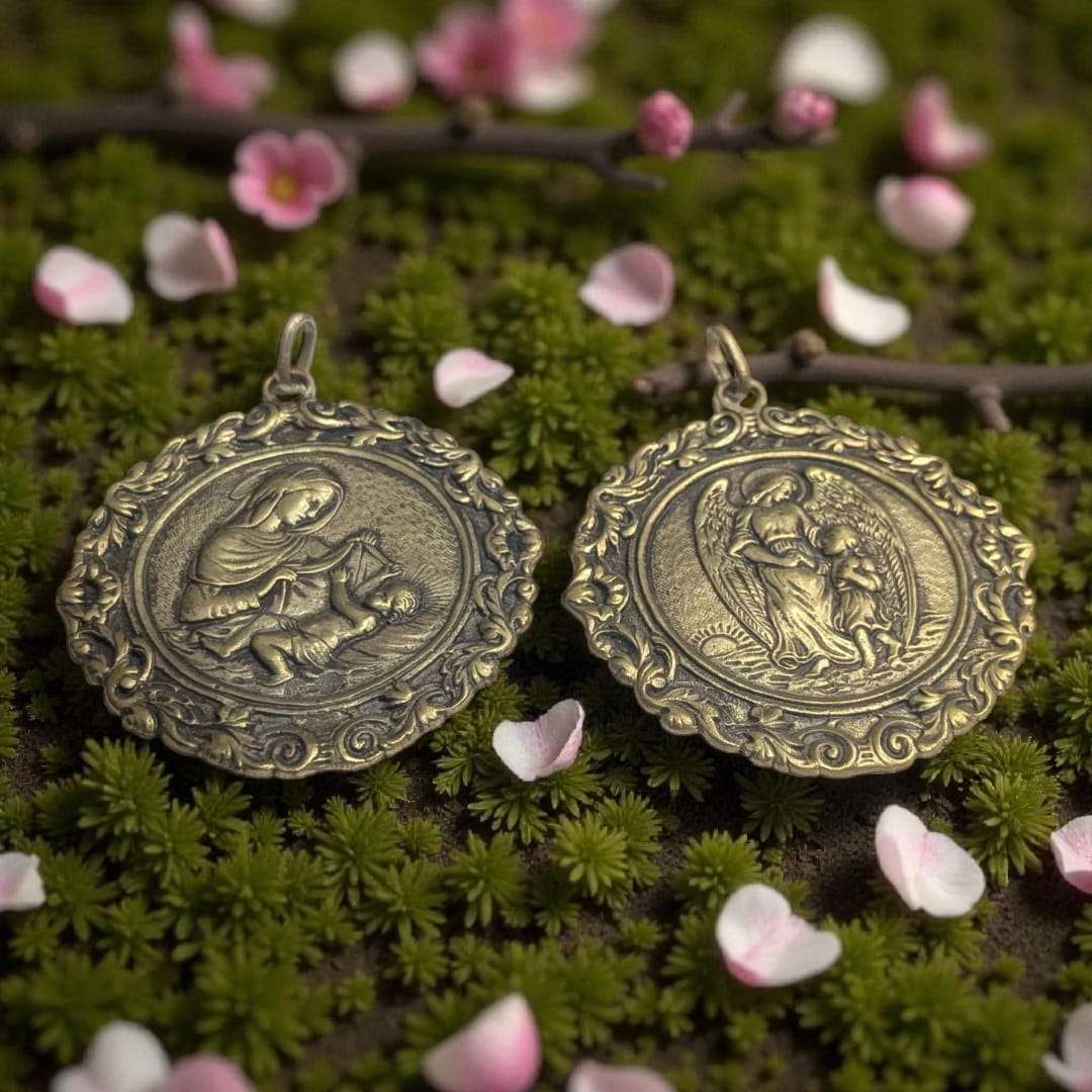 Medallas de metal fundido con relieves religiosos únicos, una con la Virgen y el Niño Jesús y otra con el Ángel de la Guarda y una niña. Decoración artesanal sacra ideal para el hogar.