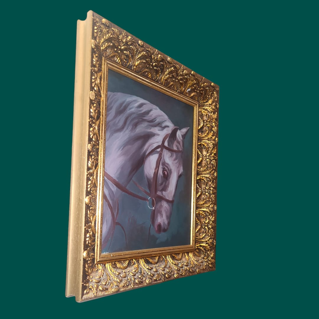 Vista completa del oleo de caballo clasico y elegante