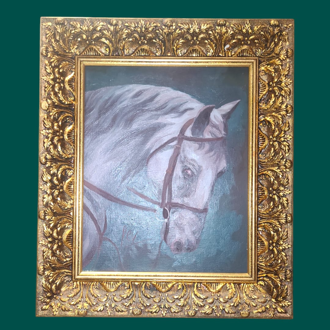 Vista completa del oleo de caballo clasico y elegante