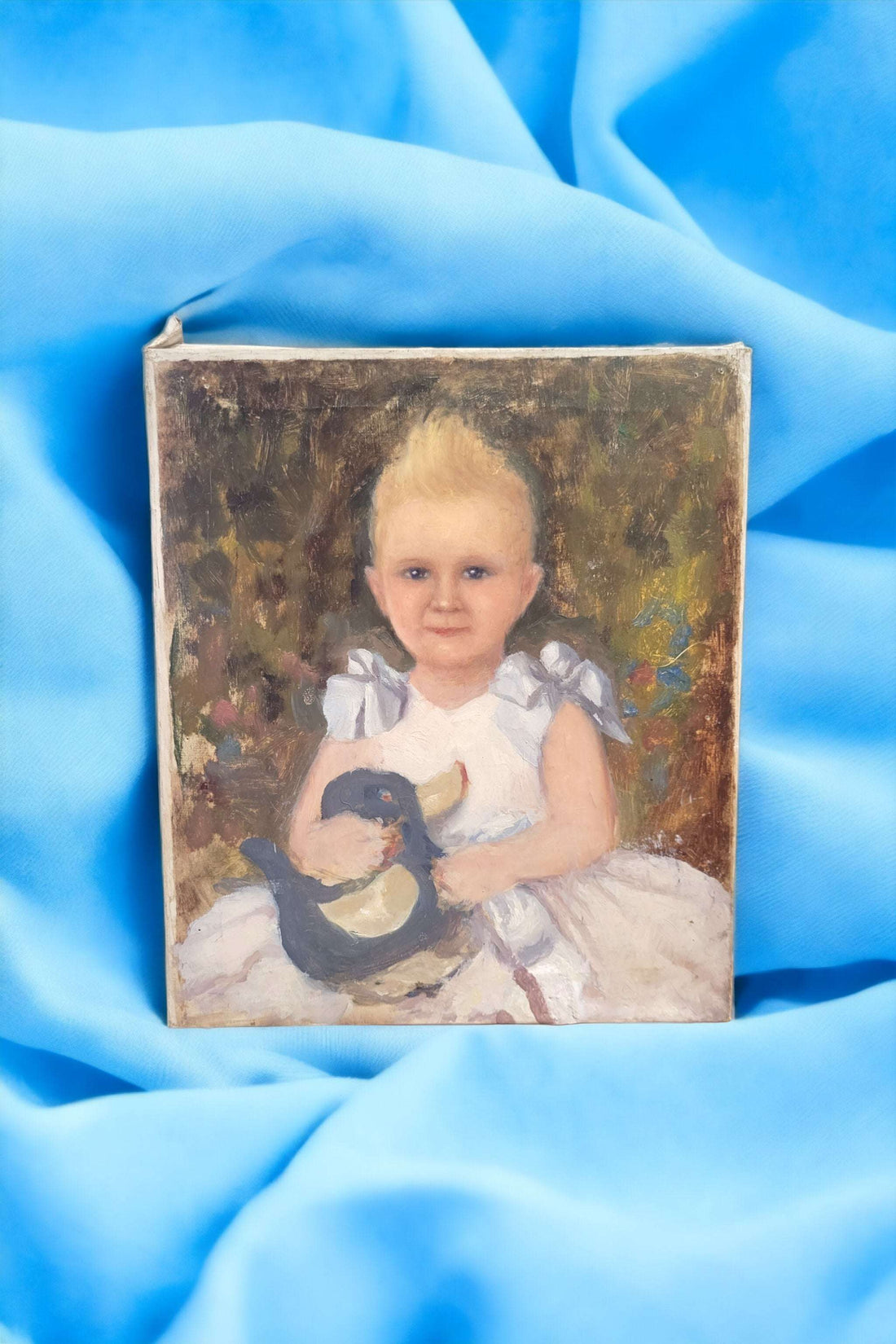 Oleo Niño - Óleo Niño | Pintura al óleo sobre lienzo con retrato de niño rubio y pato, ideal para decoración vintage en hogar o jardín.