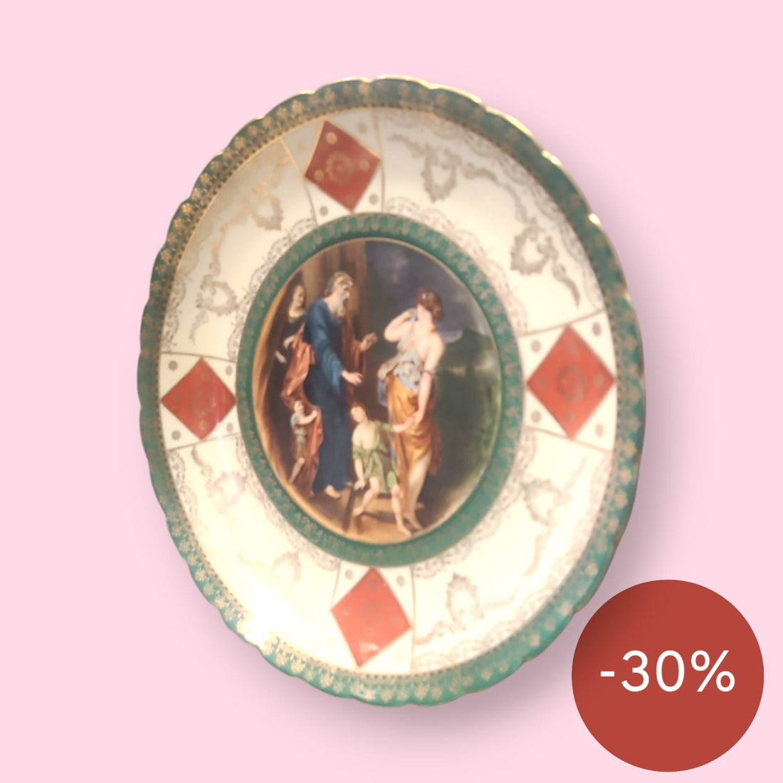 Detalle cercano de la pintura central del plato, mostrando una escena pastoral al estilo renacentista.