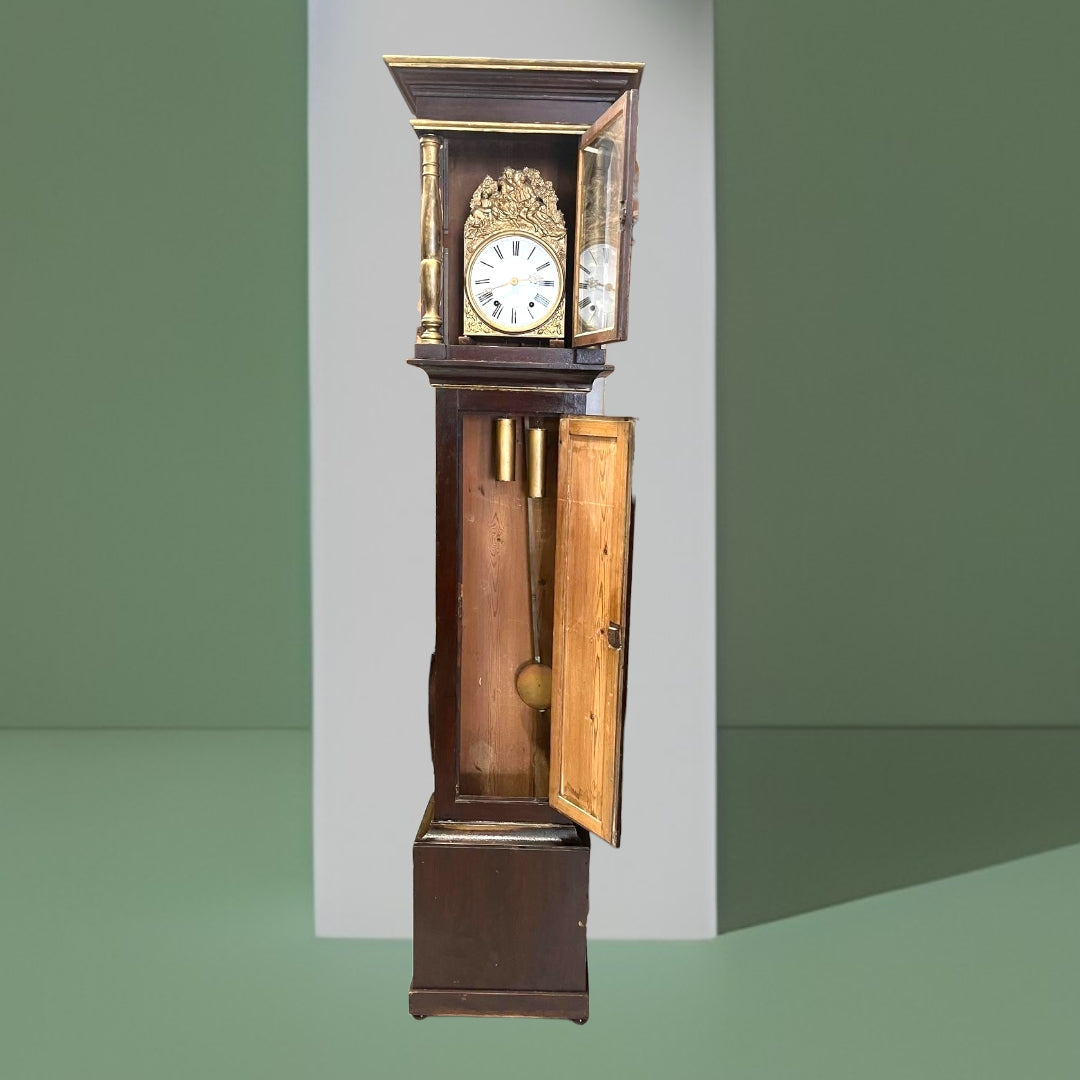 Reloj Comtoise del siglo XIX estilo Napoleón III francés, con caja de madera oscura y detalles en latón repujado. Elegante pieza de decoración clásica.
