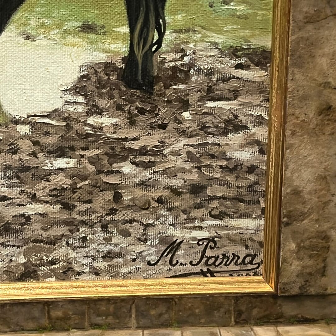 Firma de Miguel Parra en óleo de toro, resaltando autenticidad y exclusividad. Detalle del lienzo con textura y pinceladas realistas.