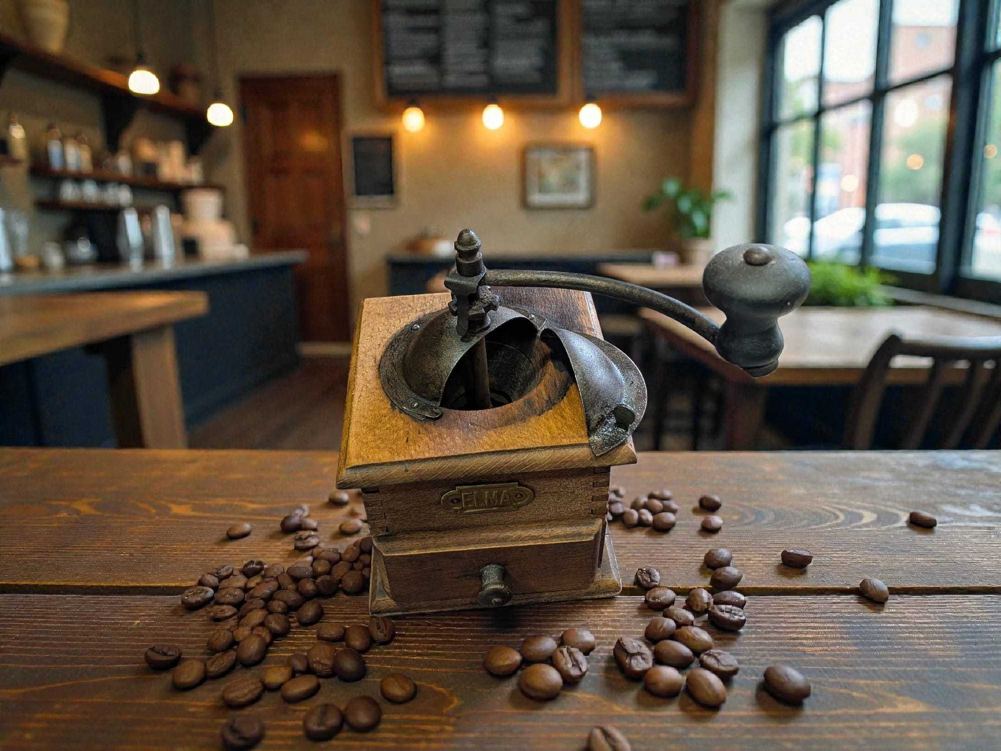 Molinillo de café antiguo manual Elma en ambiente acogedor con granos esparcidos. Ideal para decoración de cocina o cafetería vintage.