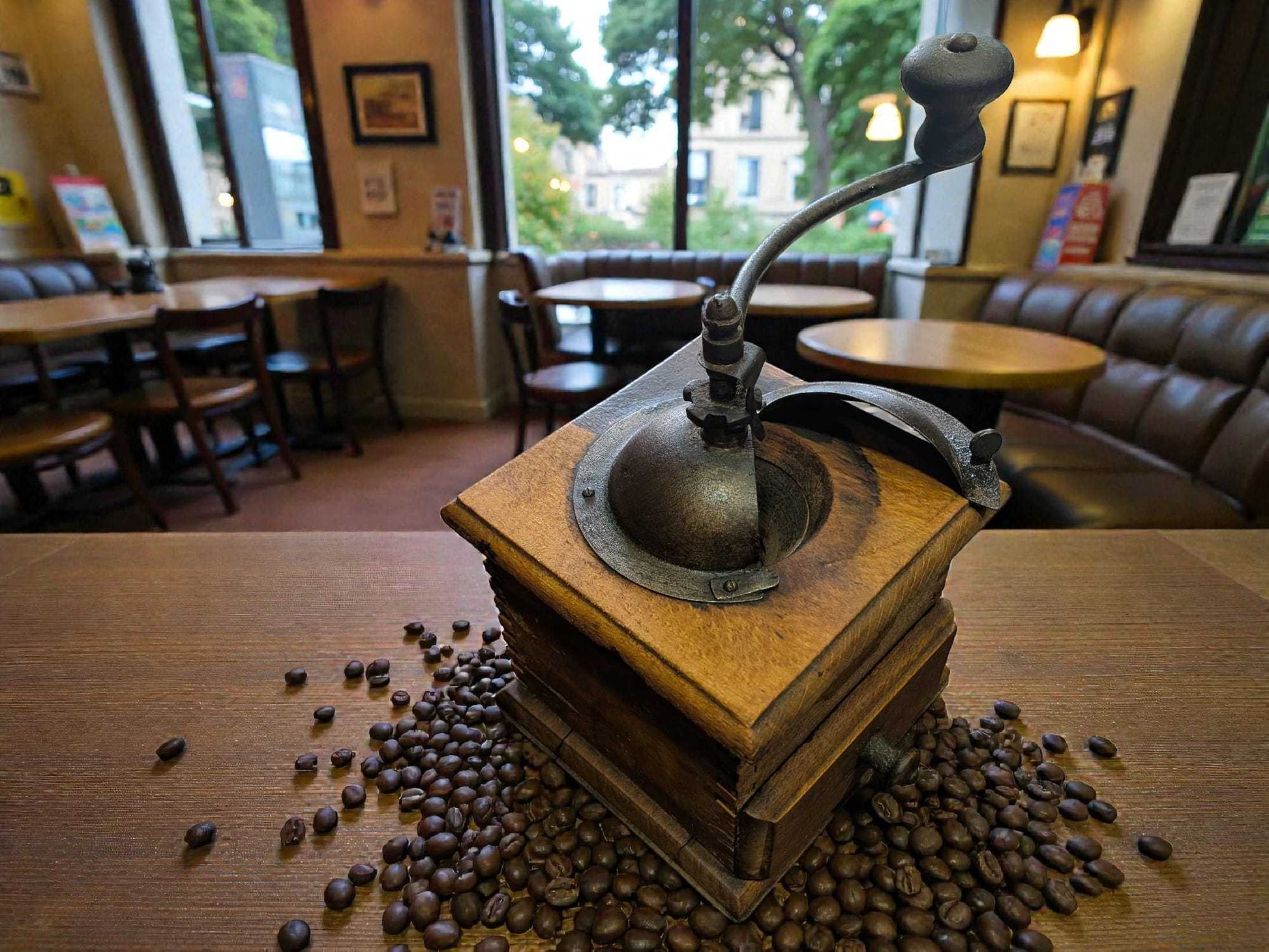 Molinillo de café antiguo manual Elma con acabado envejecido y granos alrededor. Perfecto para decoración nostálgica en espacios interiores.