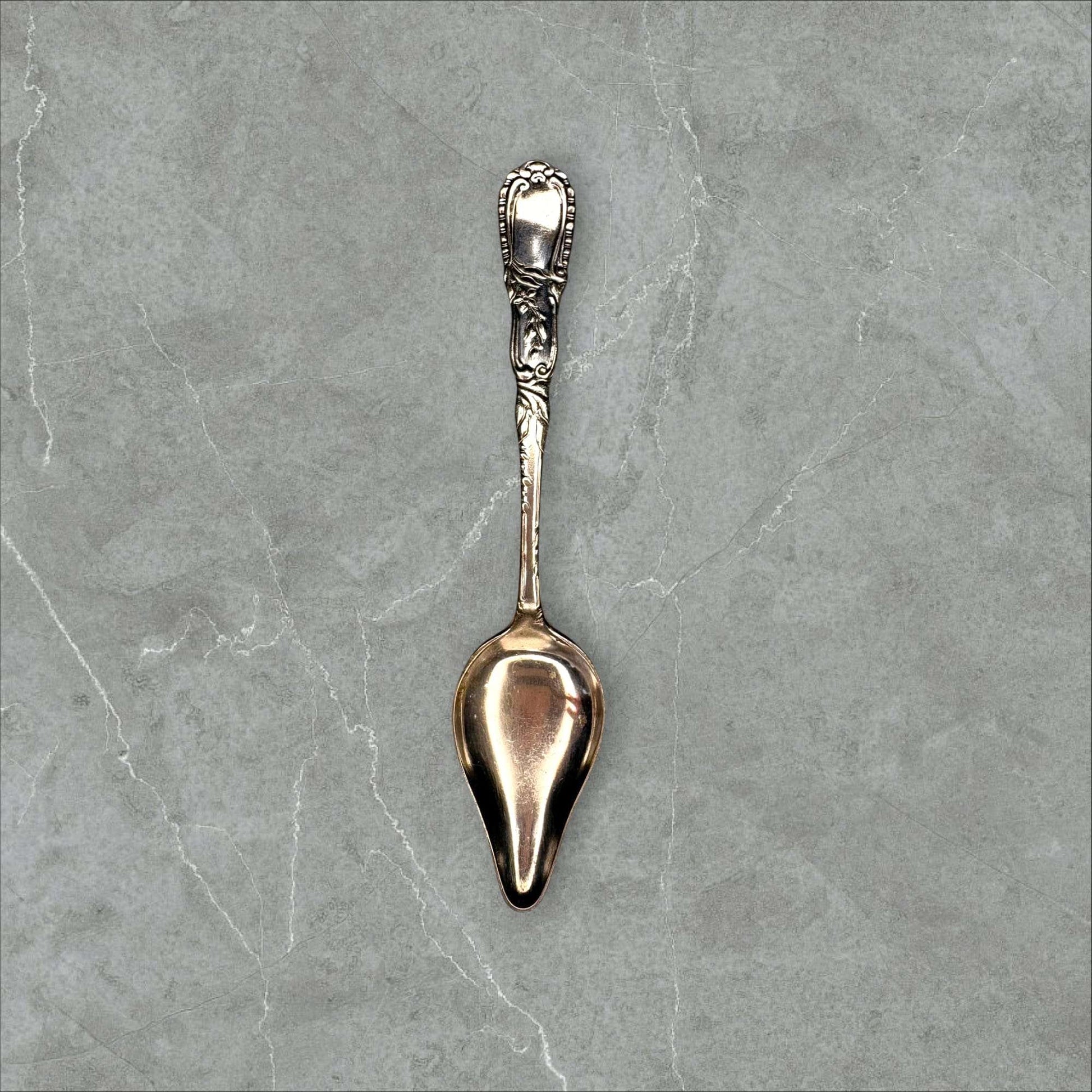 Cuchara de pomelo vintage de metal plateado con mango ornamentado, pieza decorativa única para mesa elegante y colección retro.