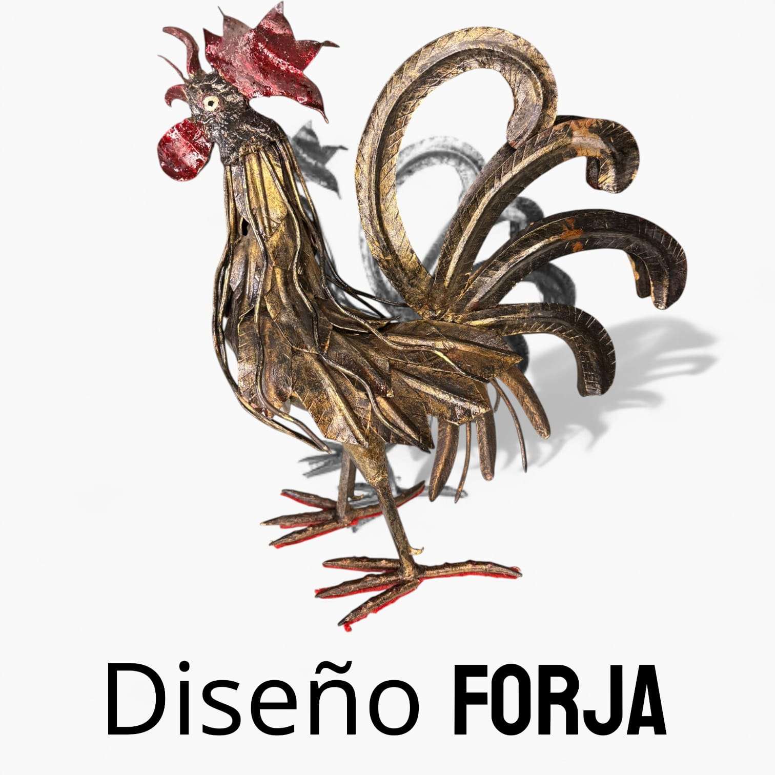 Gallo de forja decorativo artesanal con acabado rústico en tonos marrón y rojo. Pieza única de alta calidad ideal para decoración vintage.