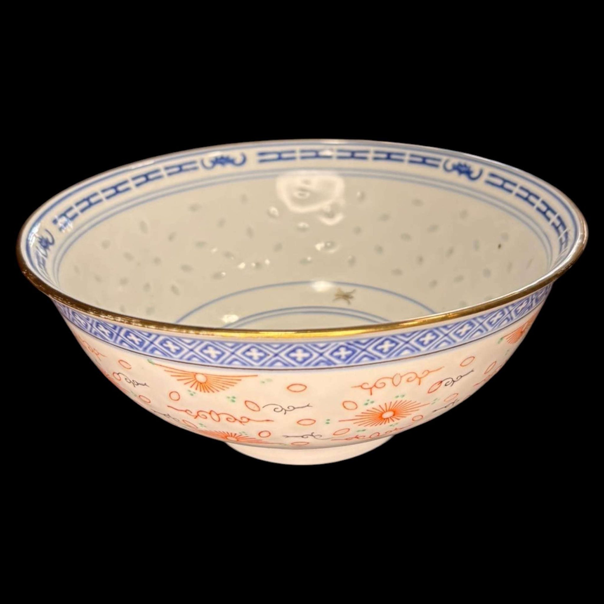 Cuenco de porcelana china azul y blanco con detalles rojos y patrón floral. Parte del lote de porcelana china: tazón + 4 cuencos y cucharas.