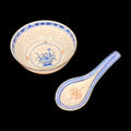 Cuenco de porcelana china azul y blanco con diseño floral y cuchara a juego. Parte del lote de porcelana china: tazón + 4 cuencos y cucharas.
