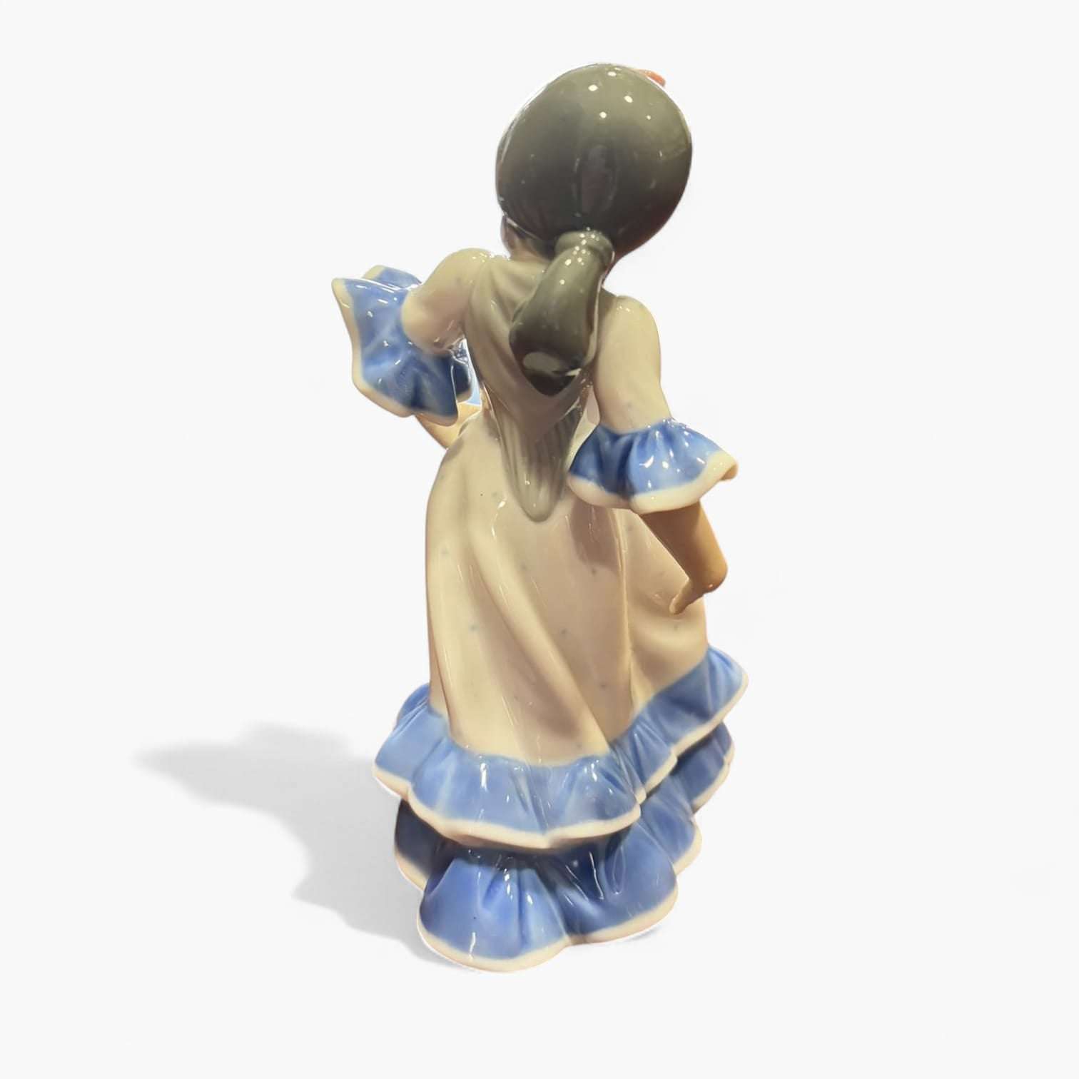 Vista trasera de la figura Lladró Bailaorita Brazos Abajo 1983, con detalles en porcelana y volantes azules, decoración inspirada en el flamenco.