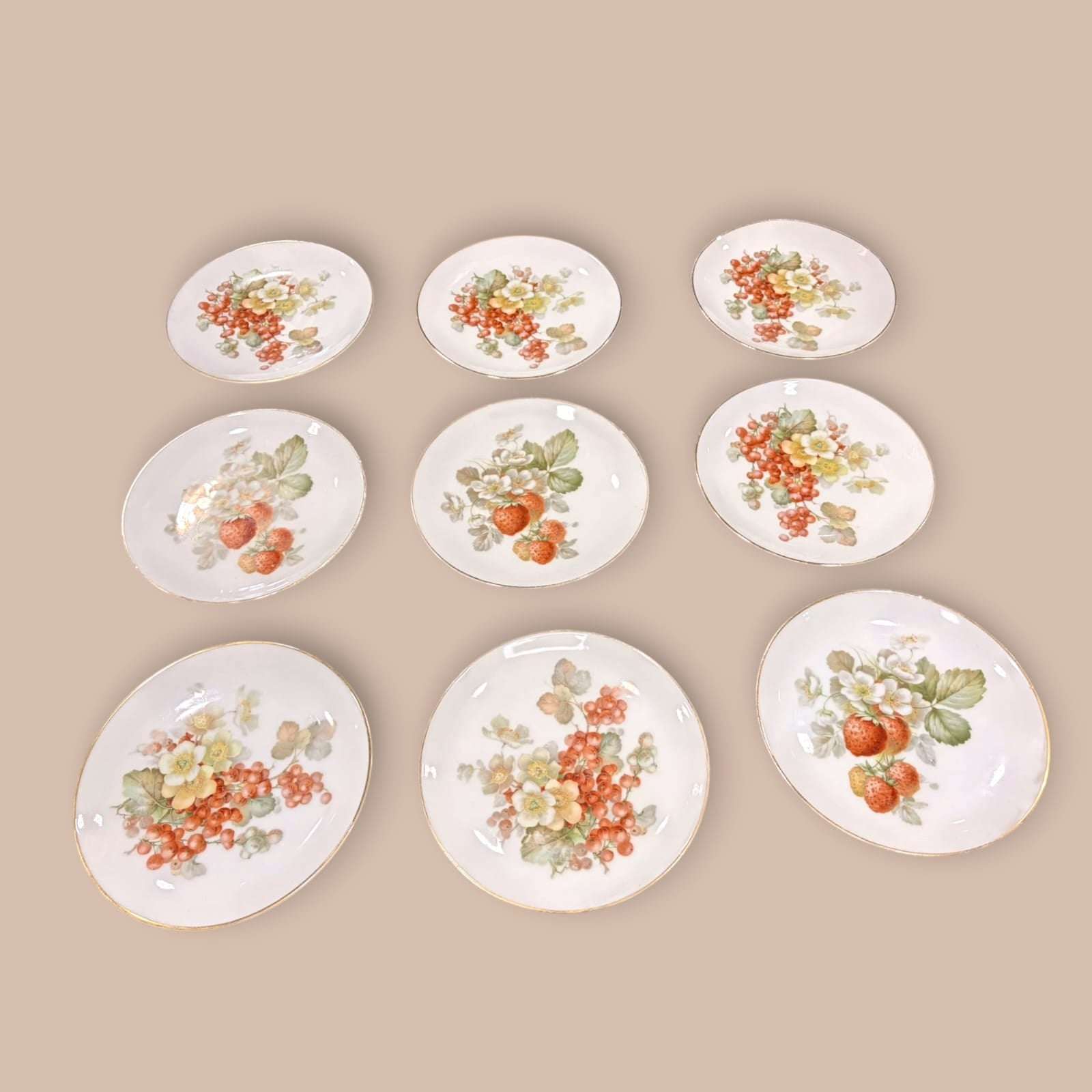 Lote de platos de porcelana Thomas Bavaria pintados a mano con diseños florales y frutales. Ideal para decoración elegante de interiores.