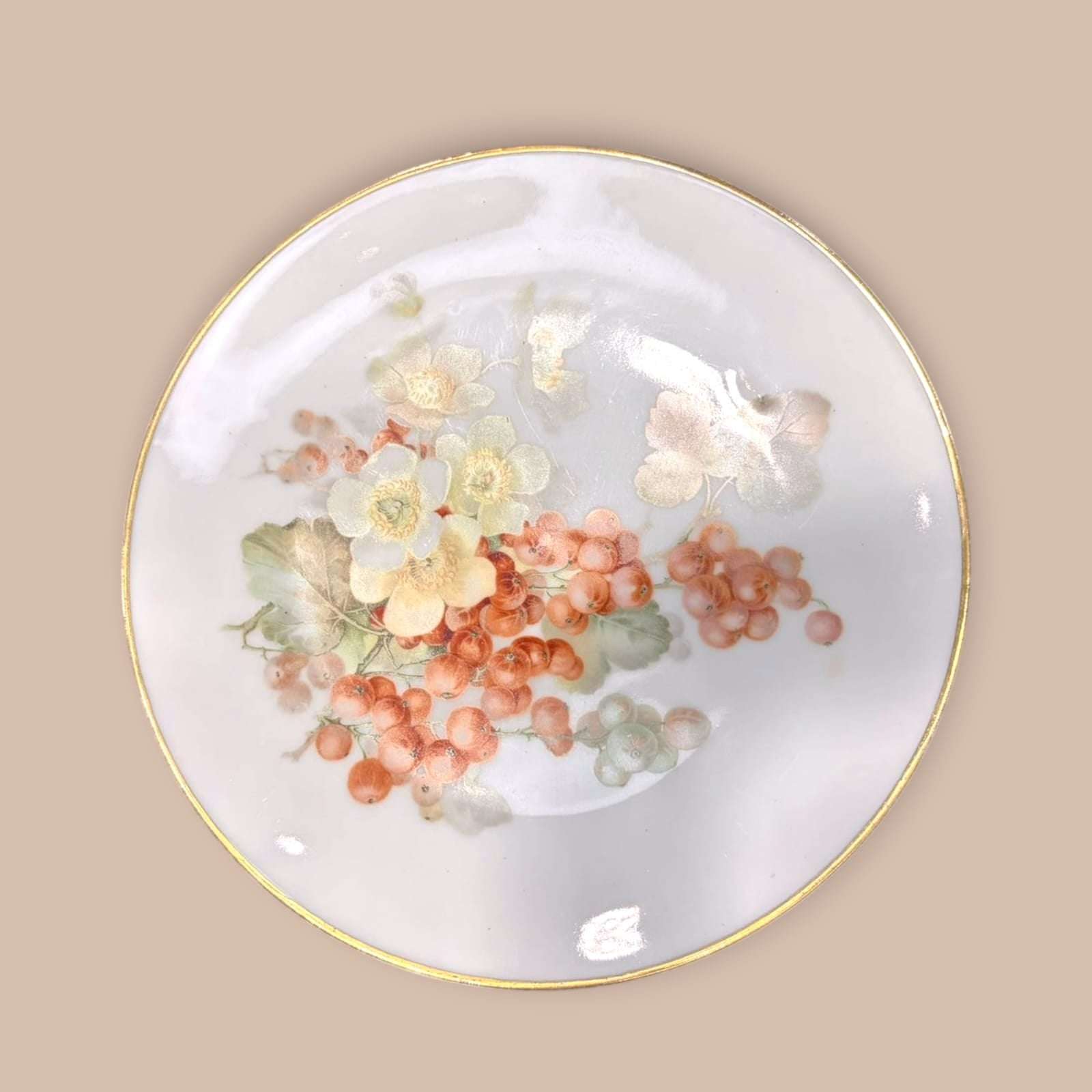 Plato de porcelana Thomas Bavaria pintado a mano con racimos de grosellas y flores. Diseño vintage ideal para decoración de hogar.