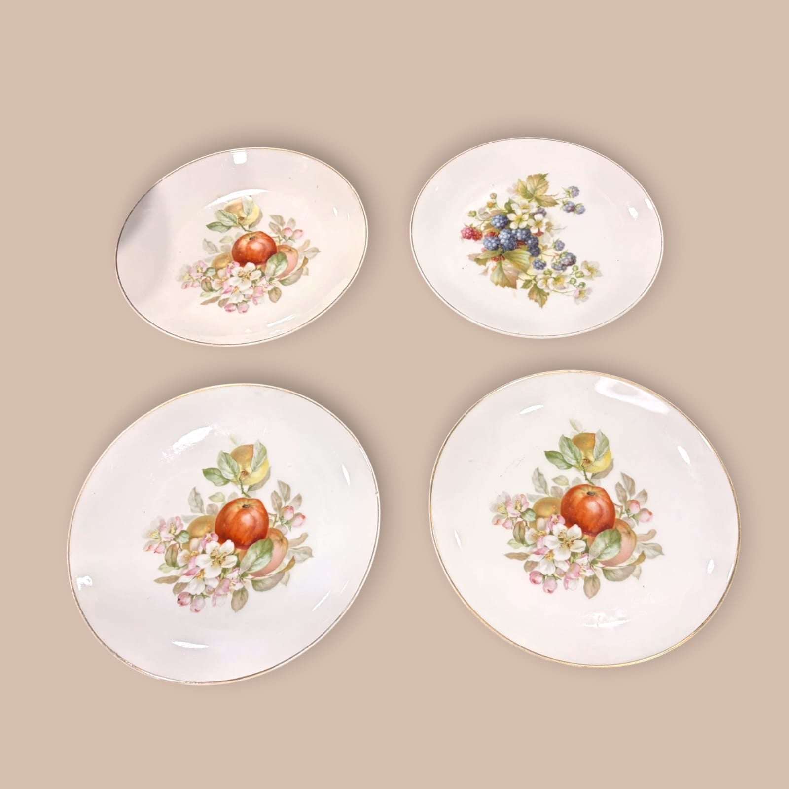 Conjunto de platos Thomas Bavaria pintados a mano con frutas y flores. Porcelana alemana ideal para decoración vintage de interiores.