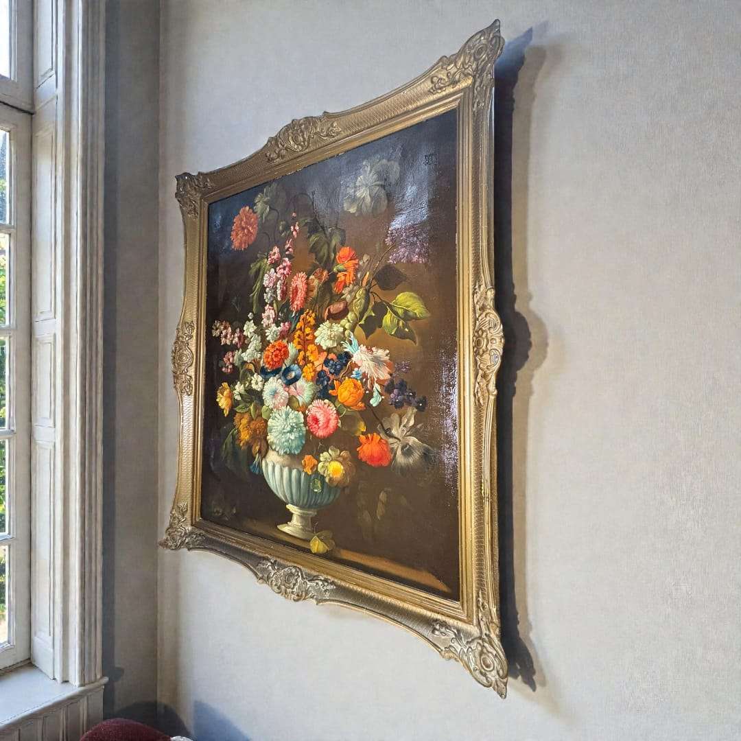 Cuadro al óleo jarrón con flores y marco dorado 87 cm