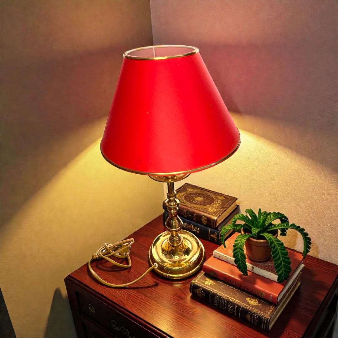 Lámpara de mesa clásica con pantalla burdeo claro 44 cm y base dorada, sobre mueble de madera con libros antiguos y planta decorativa.