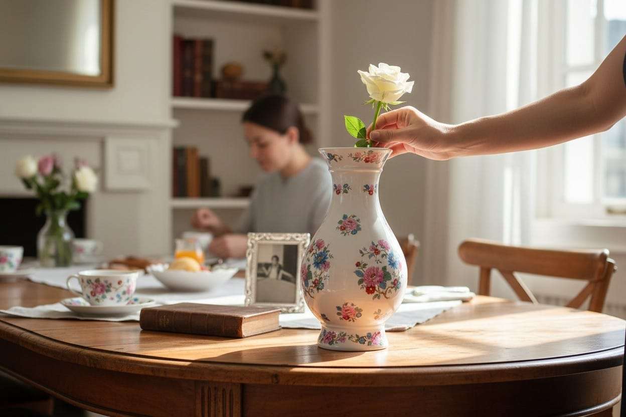 Este Florero de porcelana destaca por su silueta estilizada, su acabado blanco brillante y su decoración floral multicolor de gran delicadeza visual. 