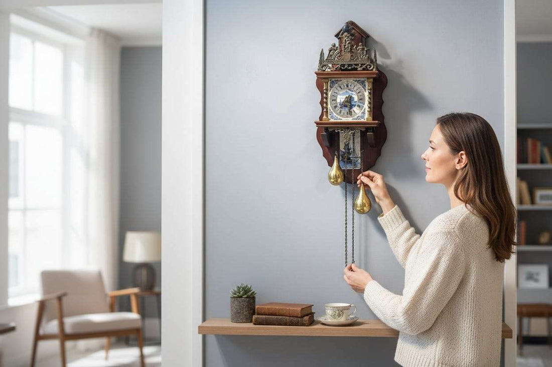 Reloj antiguo de madera y metal decorativo de pared en interior de hogar