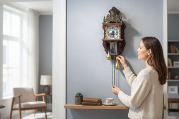 Reloj antiguo de madera y metal decorativo de pared en interior de hogar