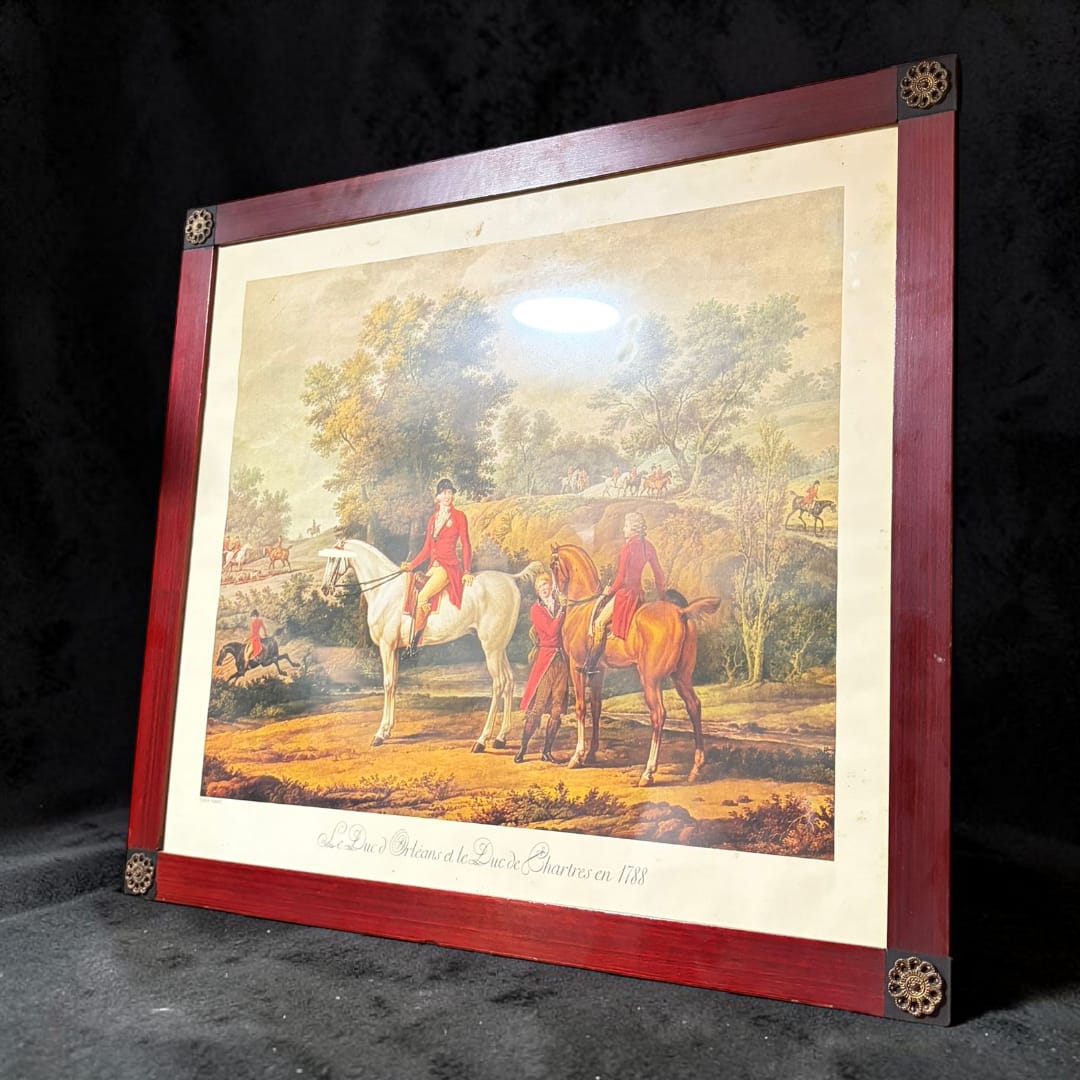 Lámina enmarcada en caoba con escena de caza aristocrática, basada en Carle Vernet, decorativa clásica para salón o despacho