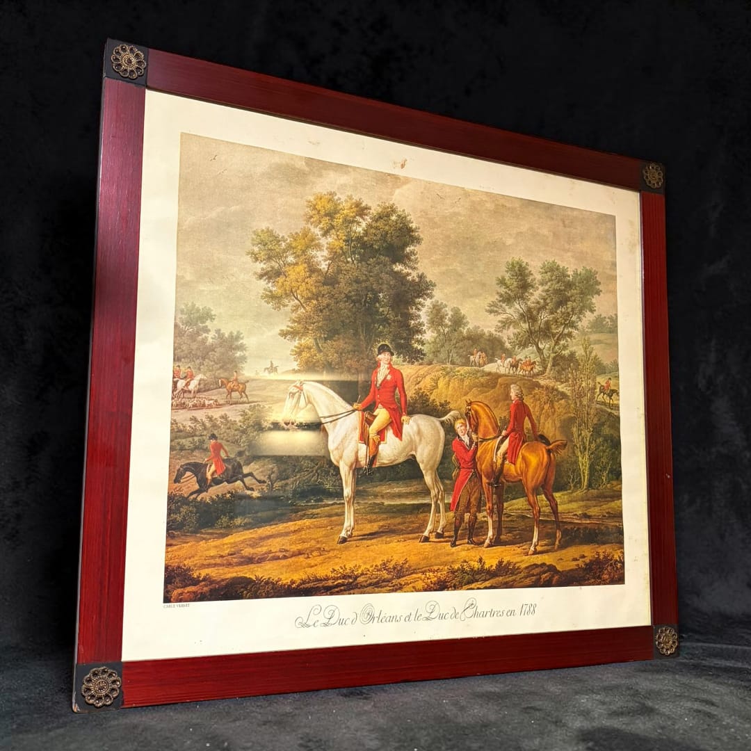 Lámina enmarcada en caoba con escena de caza aristocrática, basada en Carle Vernet, decorativa clásica para salón o despacho